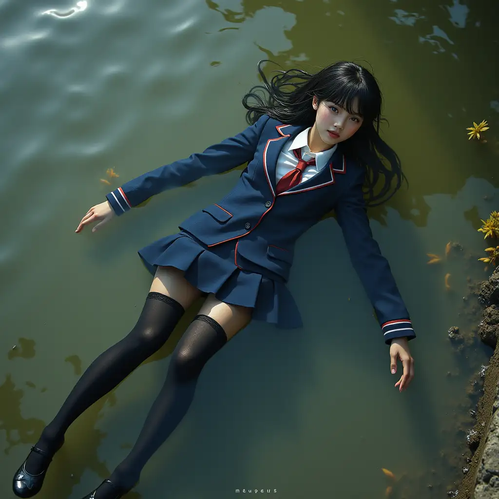 Schoolgirl in a school uniform suit, in a skirt, jacket, blouse, dark tights, high-heeled shoes. She is swimming in a dirty pond, lying underwater, all her clothes are completely wet, wet clothes stick to her body, the whole body is underwater, submerged in water, under the surface of the water, below the water's edge. Water plants.