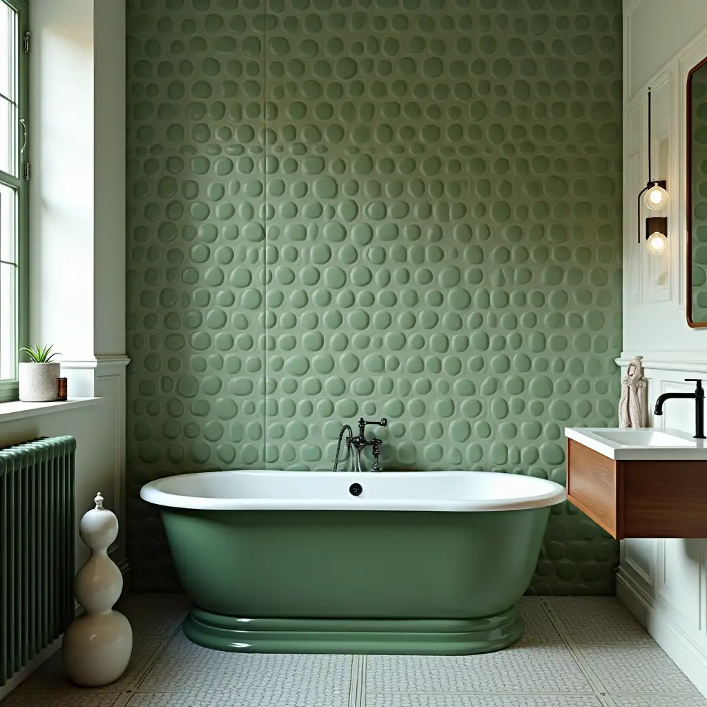 Classic Bathroom Design with Green Bathtub and Ceramic Ball Tiles