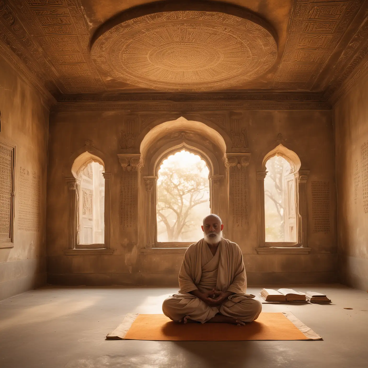 Serene-Yogi-Practicing-Yoga-of-Knowledge-in-Ancient-Temple-with-Floating-Manuscripts