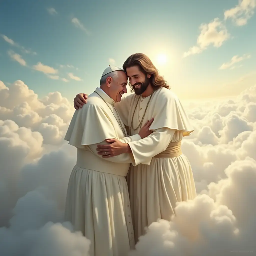 Pope francisco with Jesus embracing him. Both above the clouds. A path to heaven' Jesus with real skin blue eyes dressed in white. A sky with many clouds in a glorious sky. Angels around in the sky.
