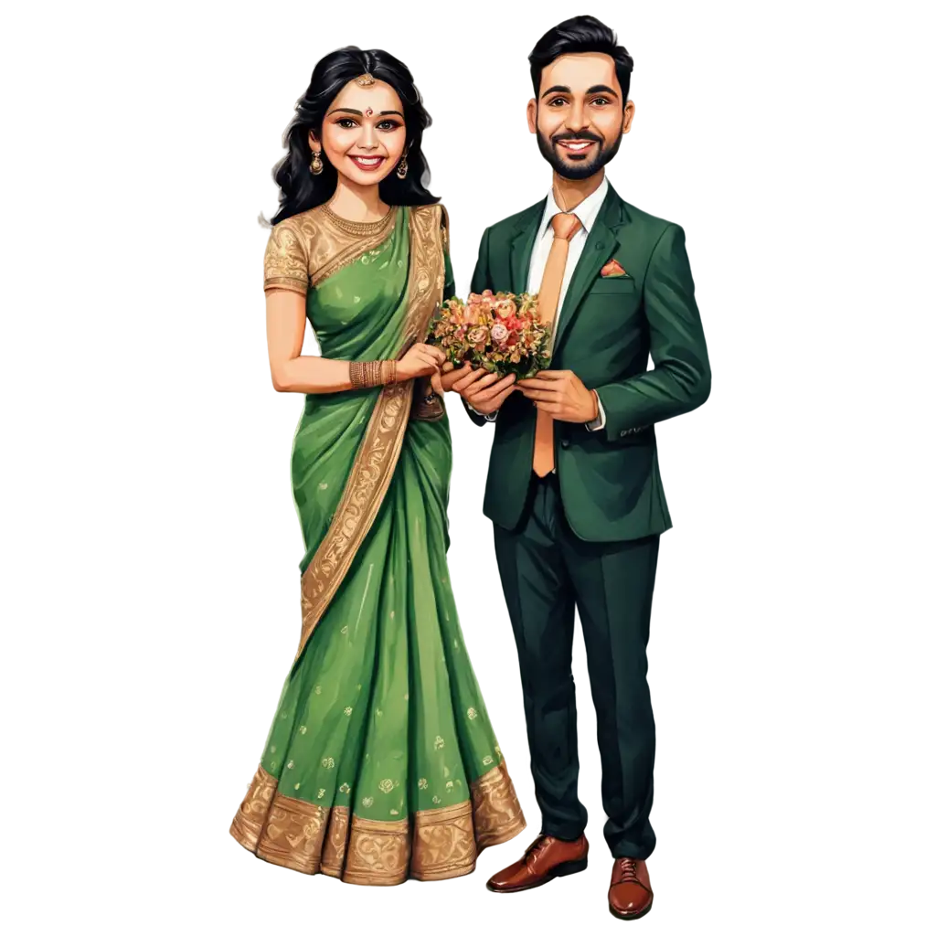 Indian-Wedding-Caricature-Bride-with-Green-Saree-and-Groom-Standing-PNG-Image