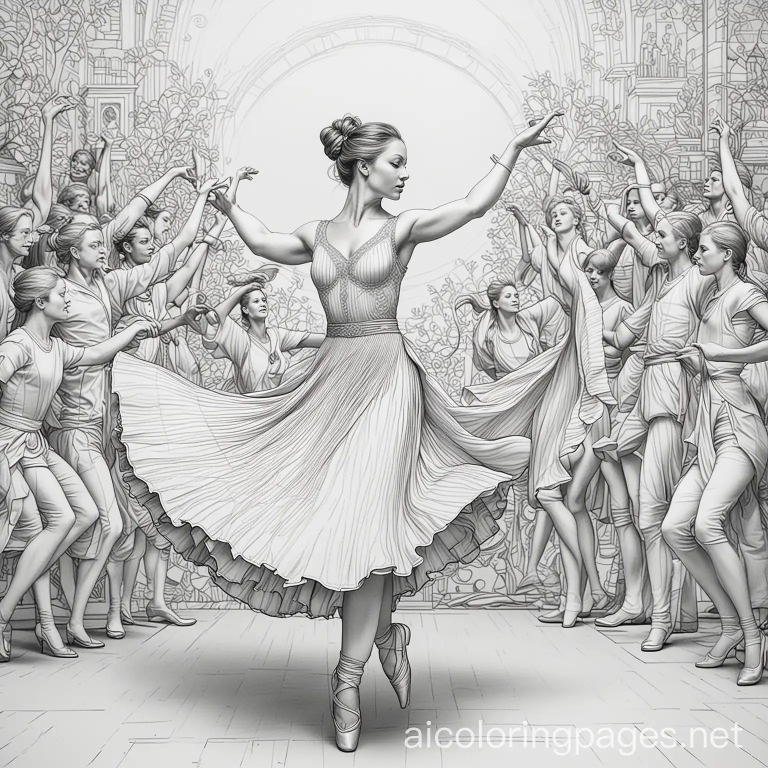 A captivating and meticulously detailed adult coloring book illustration of a contemporary dance, male and female dancers are dressed in white, each with unique features, dancing on a stage. The dancers are surrounded by a variety decor, adding to the lively atmosphere. The stage in stunning realism, with thin black lines outlining the intricate details. The striking contrast of the white background against the detailed lines emphasizes the artist's exceptional skill in creating depth and texture without the use of shading or color., Coloring Page, black and white, line art, white background, Simplicity, Ample White Space. The background of the coloring page is plain white to make it easy for young children to color within the lines. The outlines of all the subjects are easy to distinguish, making it simple for kids to color without too much difficulty