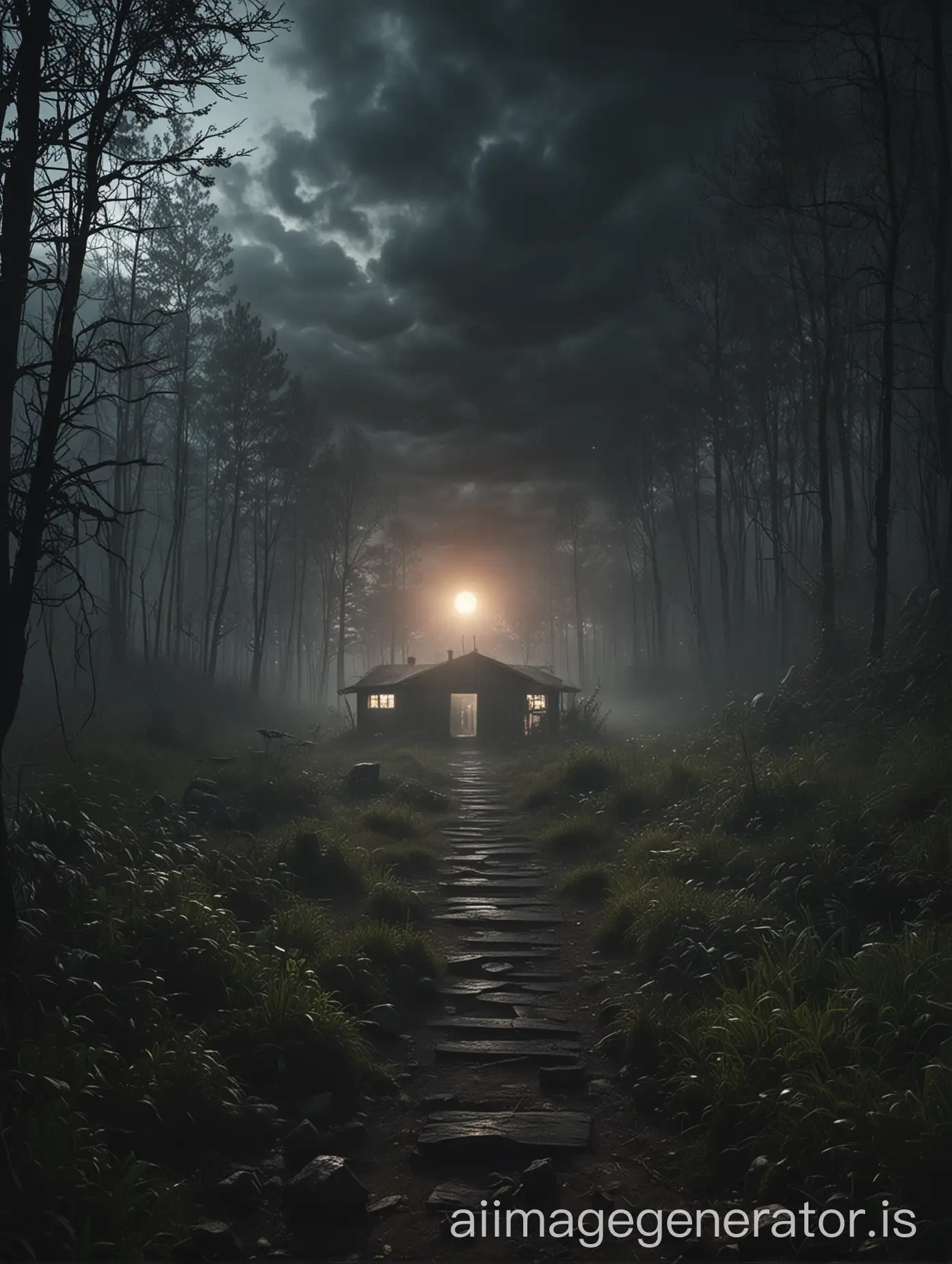 Mysterious-Cabin-with-Secret-Laboratory-in-Foggy-Forest-at-Sunset