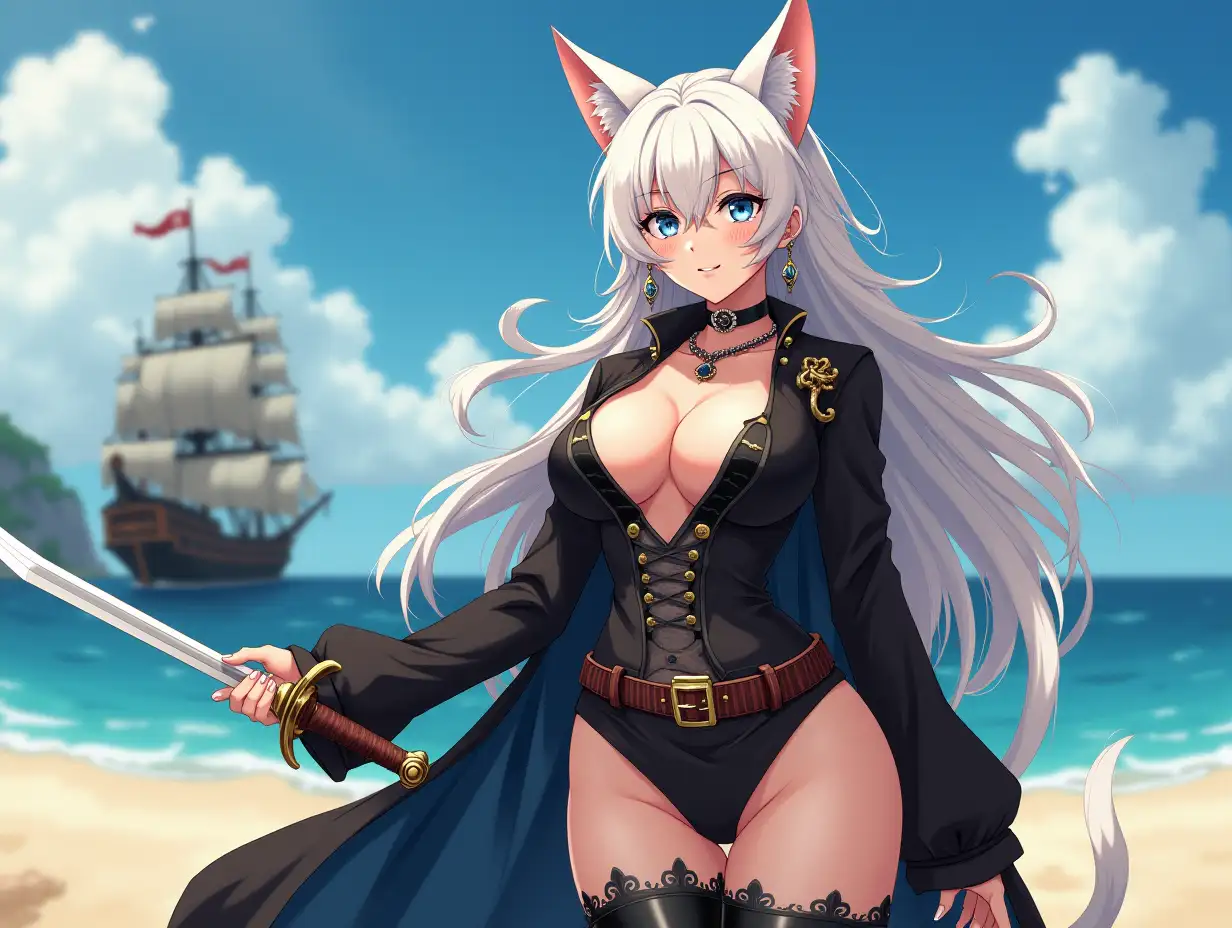 A mature adult feline/woman dressed as a pirate with a sword on a beach.  A pirate ship in the background. Her 30-something years are disguised by her youthful facial features, except for her subtle wrinkles around the eyes, extremely slender body. Her ample bosom strains against her clothing, threatening to burst free from the fabric, extreme cleavage.  Wearing black thigh high pirate boots. She has piercing blue cat eyes. A choker adorns her neck, a subtle hint at her feline nature. Her long, white hair cascades down her back like a wild waterfall, tangled and disheveled. Her cat-like teeth glint in the light, as her white fur-lined ears punctuate her visage with sparkling black and gold earring adorns each ear, adding a touch of elegance to her feline features. Cat whiskers on her face. The attached tail at the base of her spine stirs lazily.  Long fingernails. Full body view. Anime.