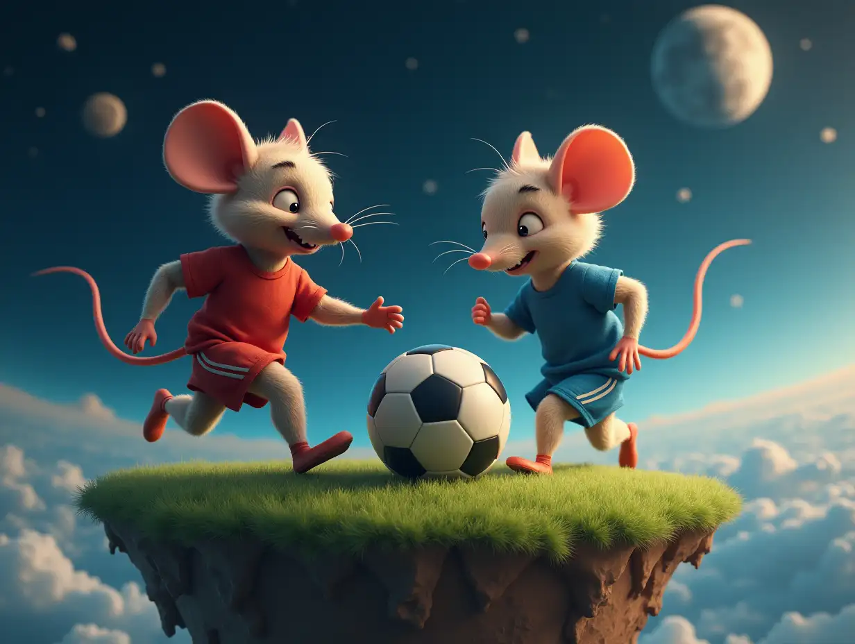 two mouse teams playing football on a island floating in space