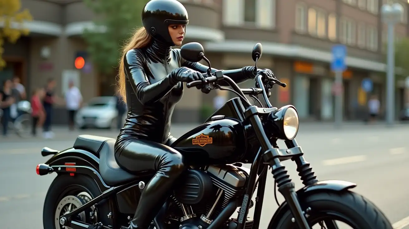 Woman-Riding-a-Harley-Davidson-in-a-Shiny-Black-Vinyl-Catsuit