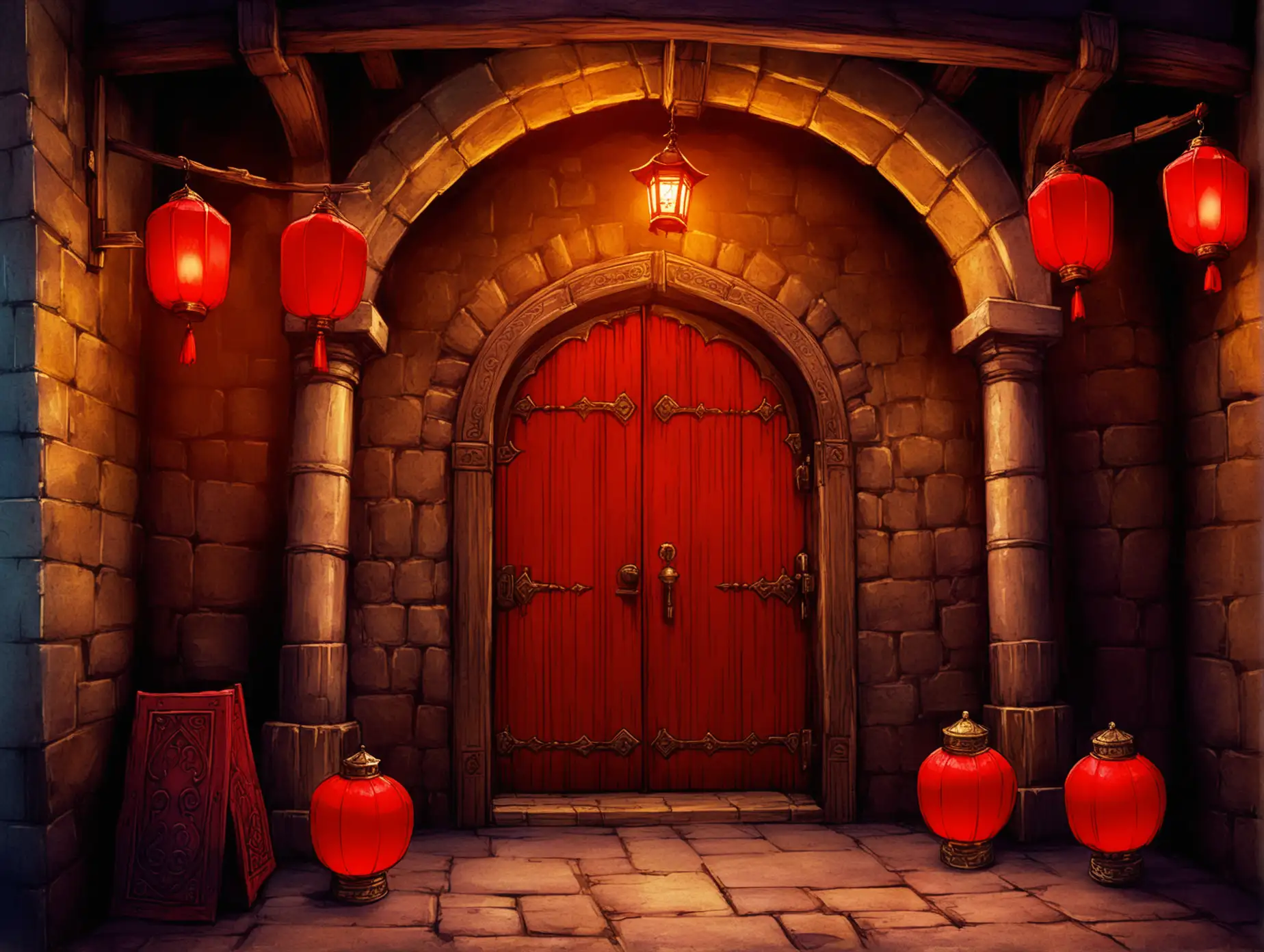 Fantasy-Medieval-Brothel-Entrance-with-Red-Lanterns-and-Bright-Colors