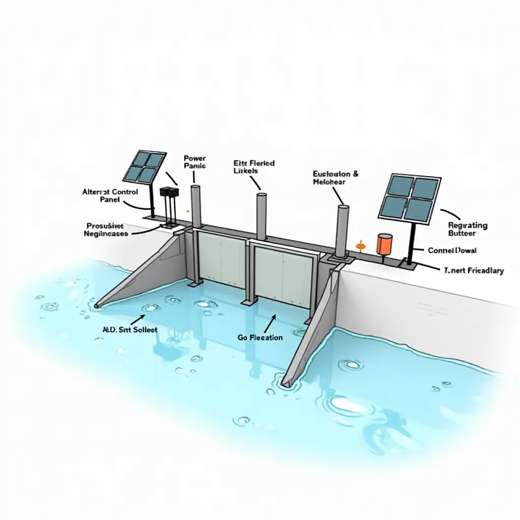 A 3D schematic of a smart eco-friendly flood control system featuring a central floodgate with motor structural supports on both sides. The floodgate with 3 meter in height and width is equipped with pressure sensors below the waterline to detect rising water levels and a DC motor above the gate for automated elevating and lowering. Mount the alarm light and sound on both side to alert the neighborhood. Solar panels are mounted on the structural supports to power the system, connected to a backup battery for emergency use. The sketch should also include flowing water under the gate, with labels for key components such as sensors, motor, and solar panels. Add arrows to indicate water flow and connections between the sensors, motor, and control unit, highlighting the automation process.