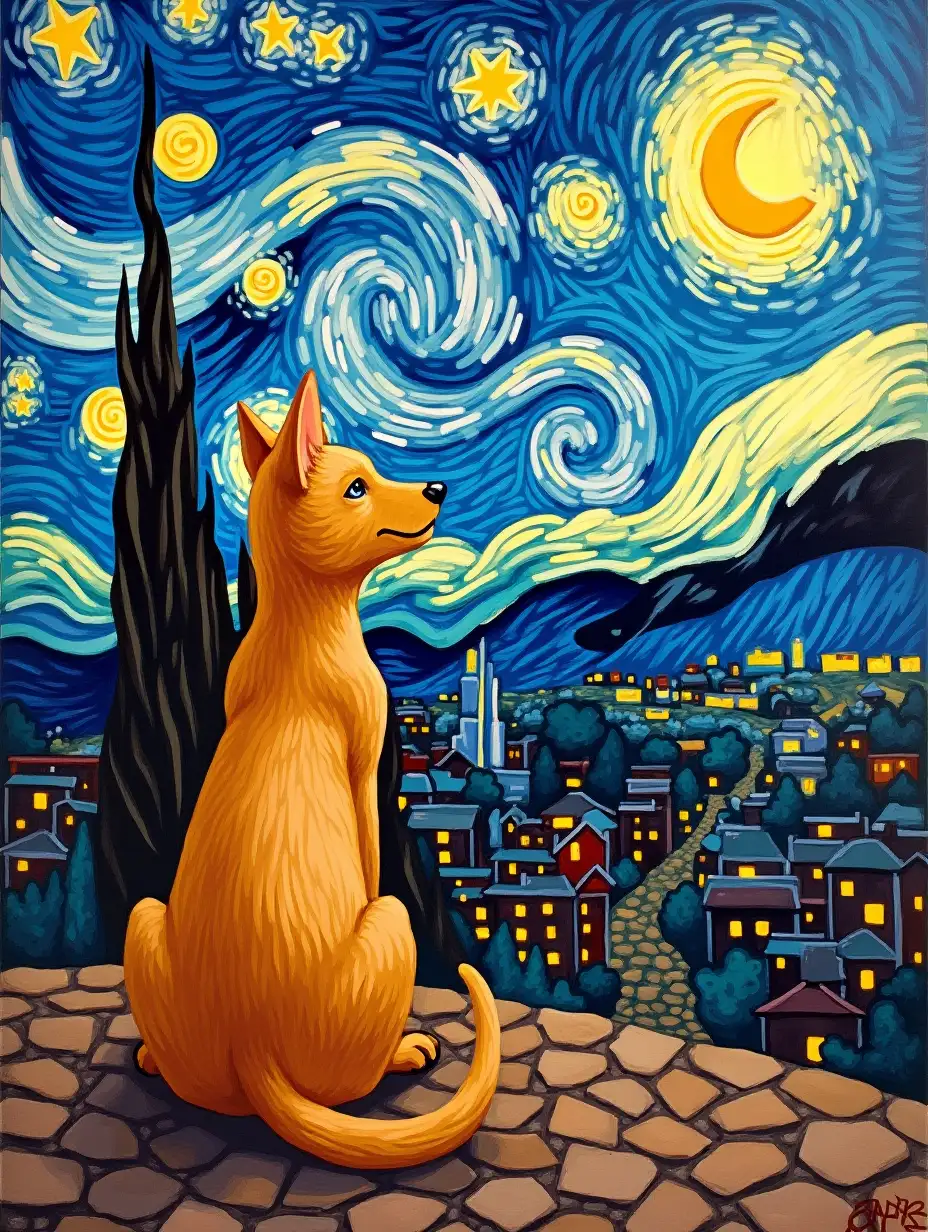 [cat:dog:0.3] with the city as a backdrop, Van Gogh style