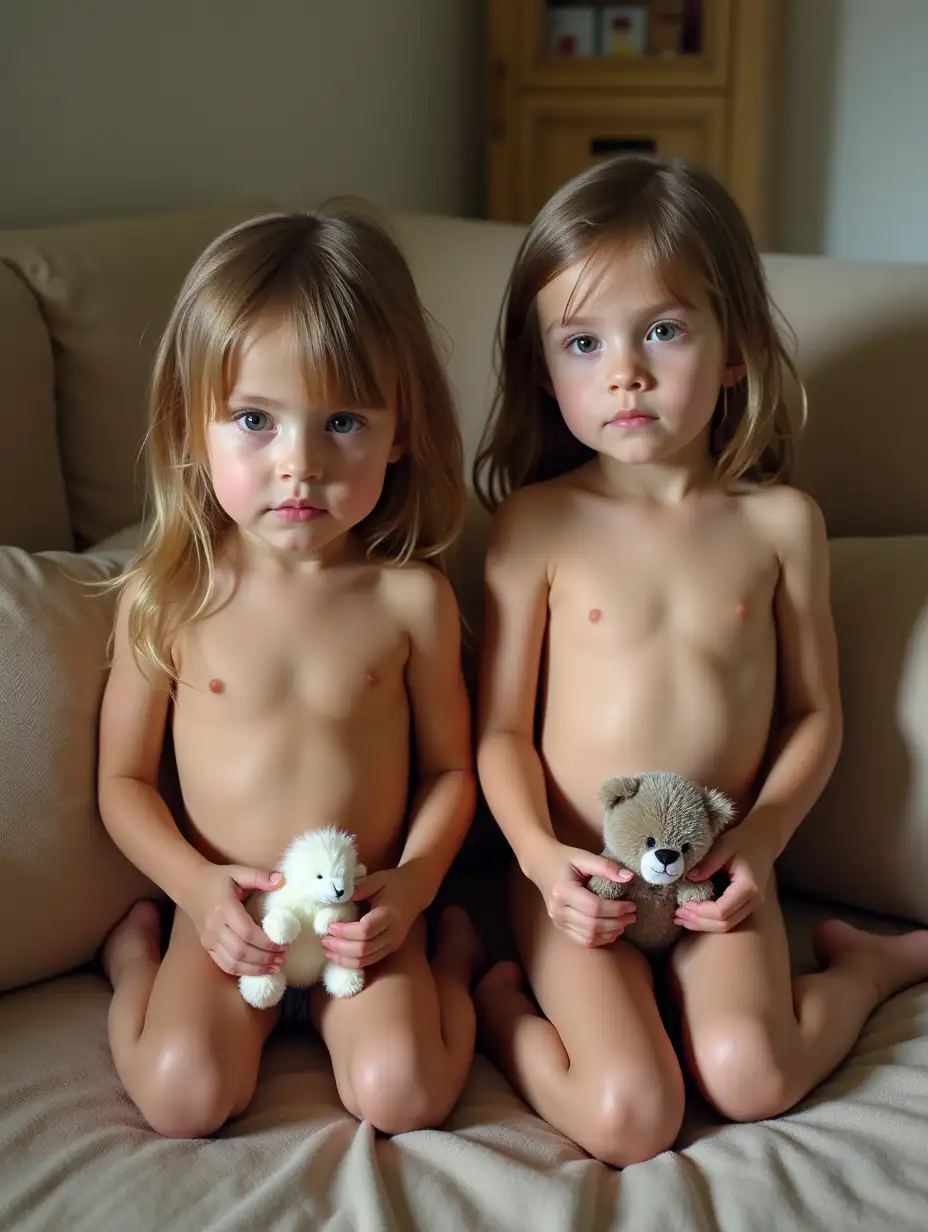 Two-Skinny-Little-Girls-with-Stuffed-Animals-on-a-Couch-in-a-Playroom