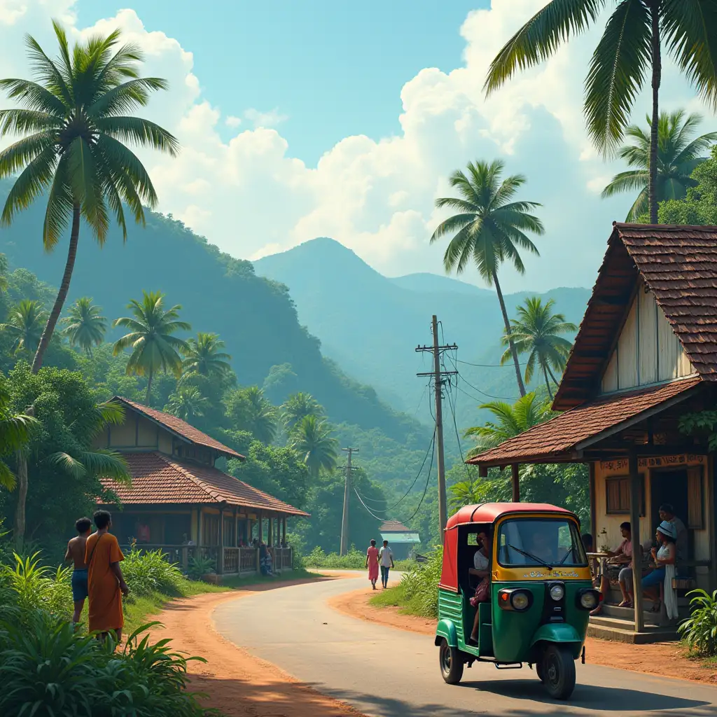 ultra realistic image of kerala village. a road side teashop some  people LOOKING EXCITED .AN autorickshaw on auto road , small mountains ,coconut tree,with  acinematic background