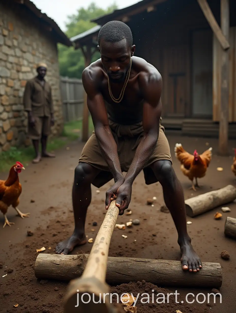 Male-Slave-Chopping-Wood-in-Masters-Yard-with-Guard-and-Chickens