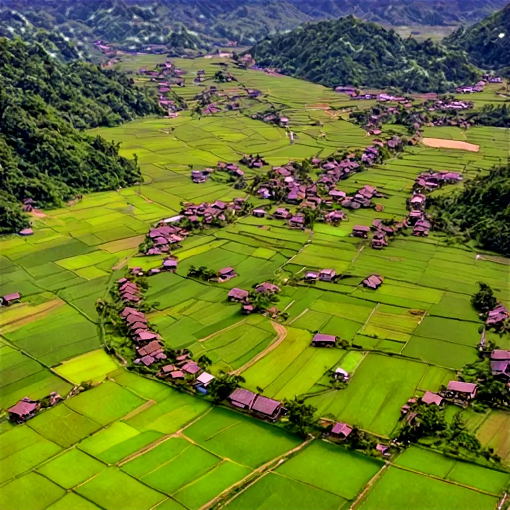 Aerial-View-of-a-Village-Surrounded-by-Rice-Fields-PNG-Image