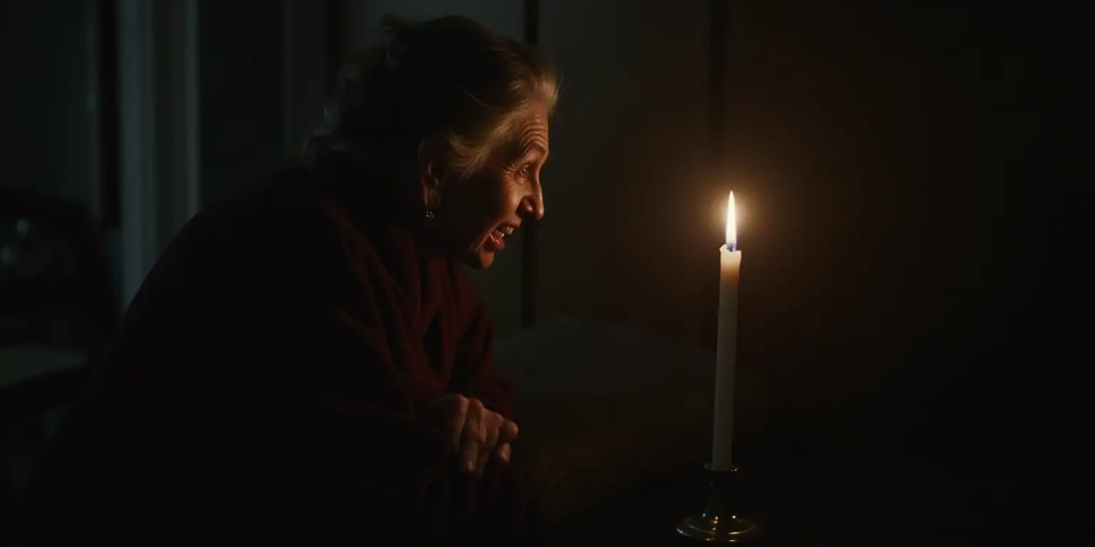 Old Lady Sitting by Candlelight in a Dark Room