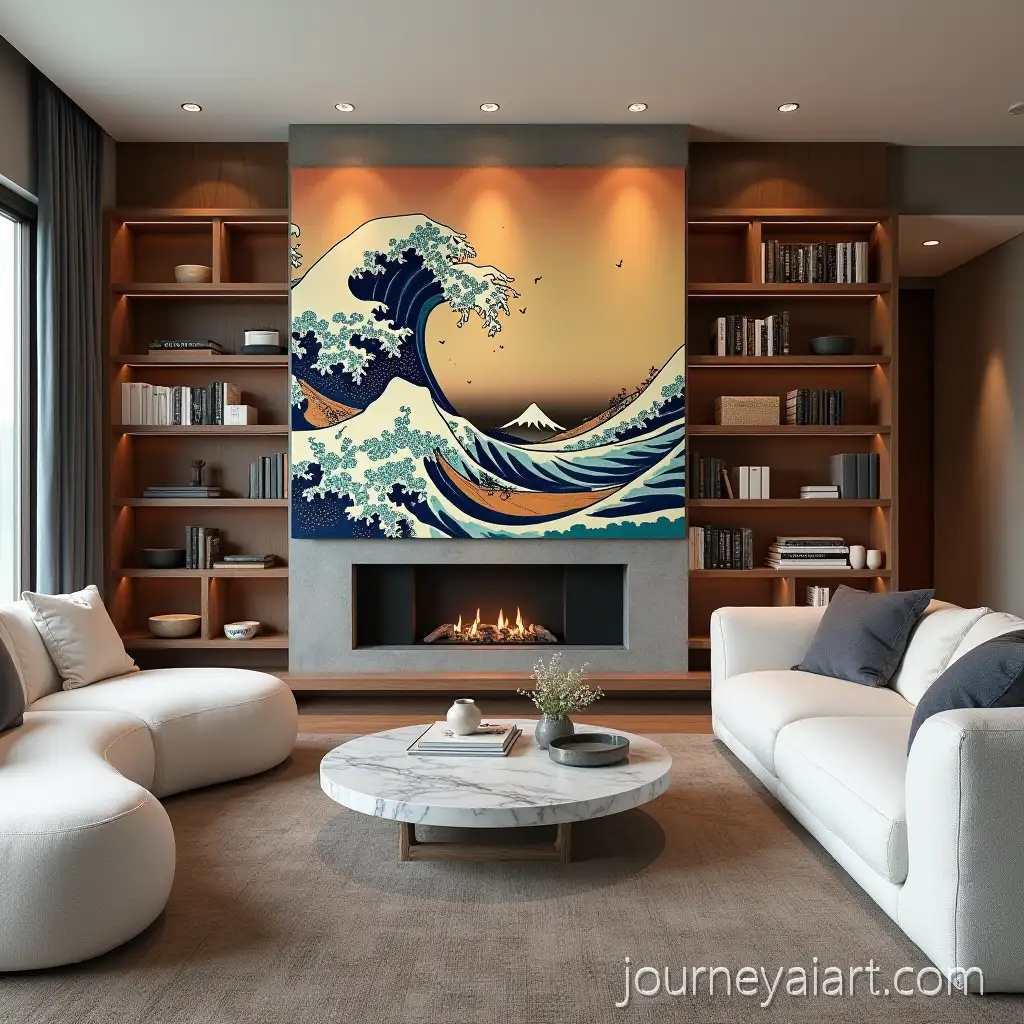 Modern-Living-Room-with-Curved-Furniture-and-Colorful-Ukiyoe-Mural