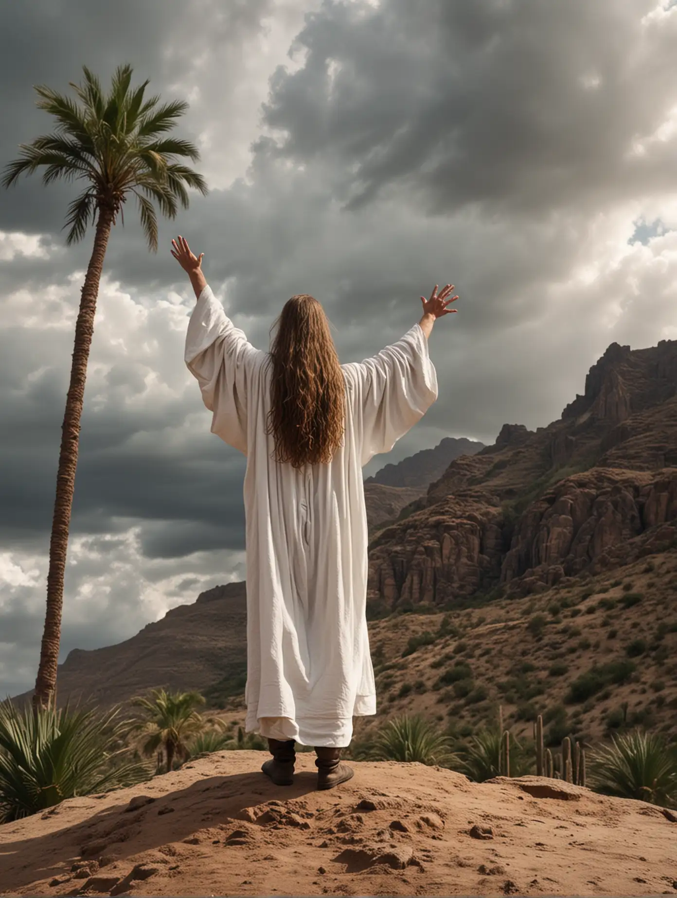 A long-haired white-robed medieval youth stands in the desert with arms raised. Back view. On one side is a big high hill.  The sky is covered with dark clouds. palm tree