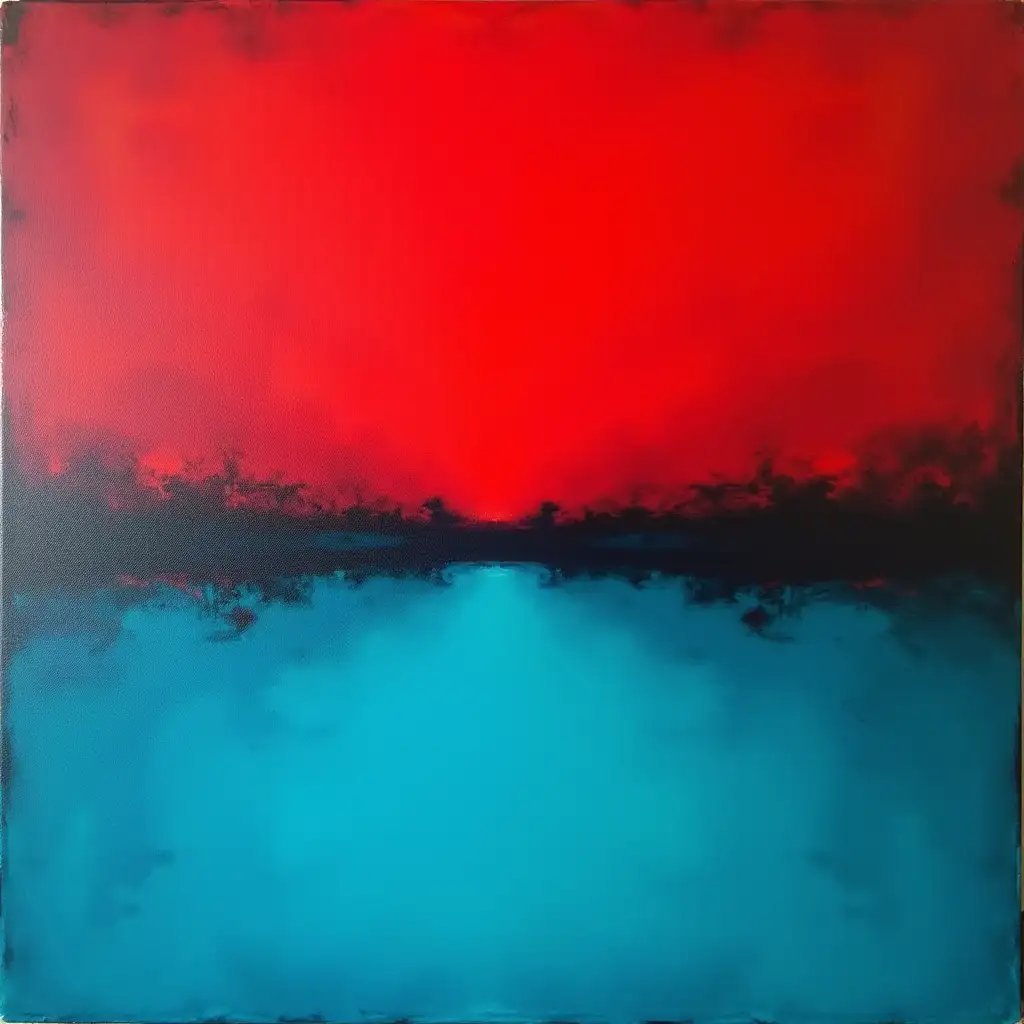 An oil painting in the style of Mark Rothko, with crimson red on top half and turquoise blue on the bottom half.