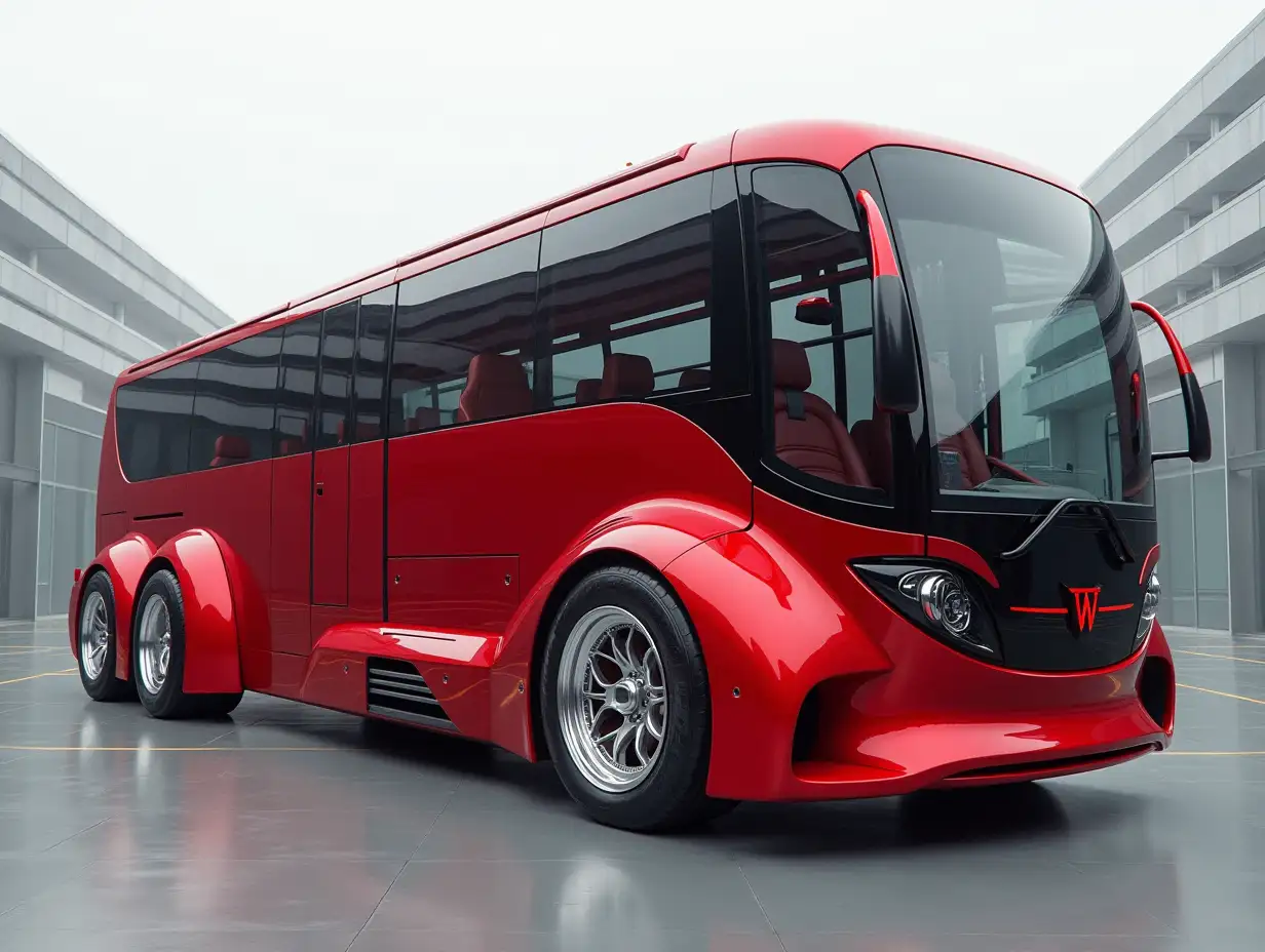 Supermodern utopian sportomnibus with lowered body 18 inch wheels aluminum rims red silver Cyberpunk