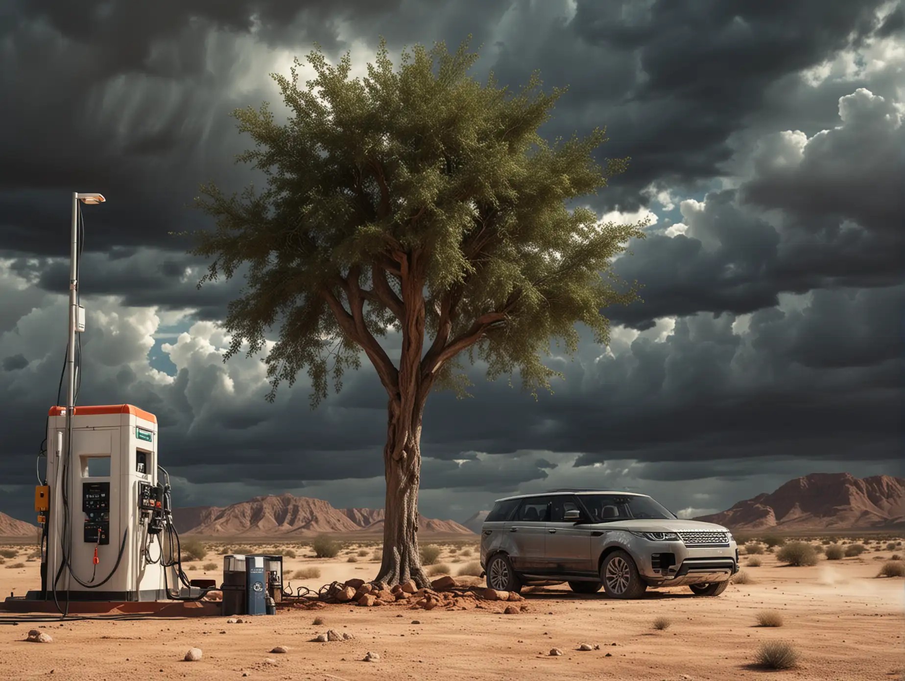 Land rover suv refilling fuel at a petrol station in the desert. The sky is covered with deep dark clouds. Side view.plam tree, Hyper-realistic, close view