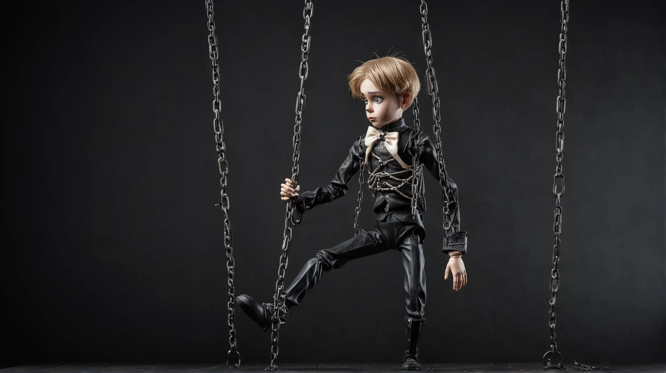 Unhappy Marionette Boy on Chains in Dramatic Lighting