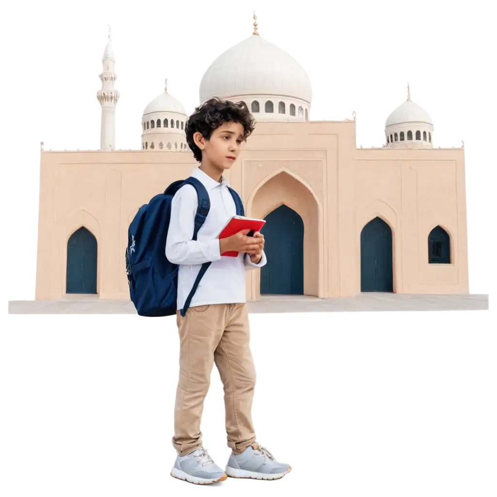 Lonely-Iranian-Boy-with-Robot-and-Notebook-PNG-Image-with-Mosque-Background