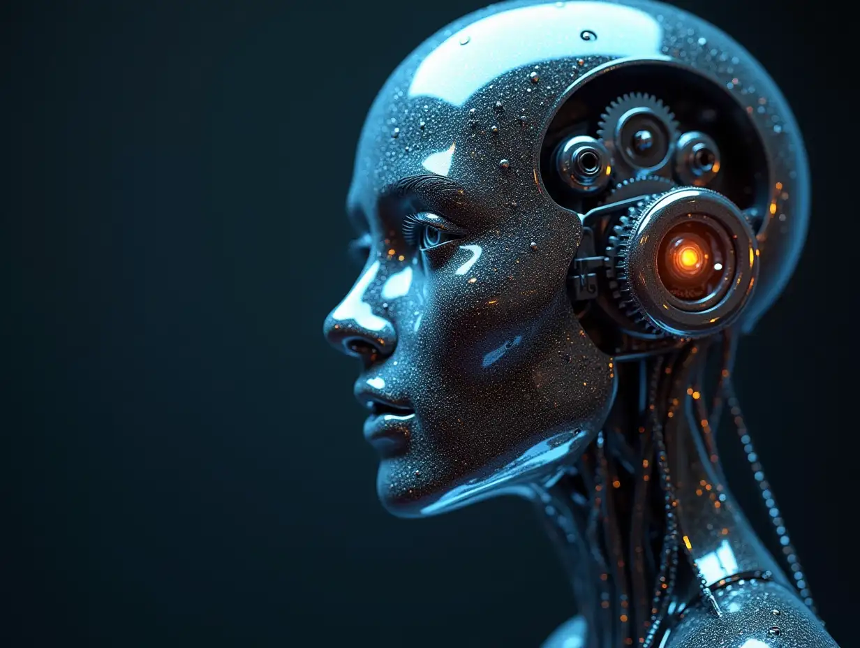 Create a high-resolution, realistic image of artificial intelligence with metal and glass head with gears,light waveguide,led light face 3d 4k resolution