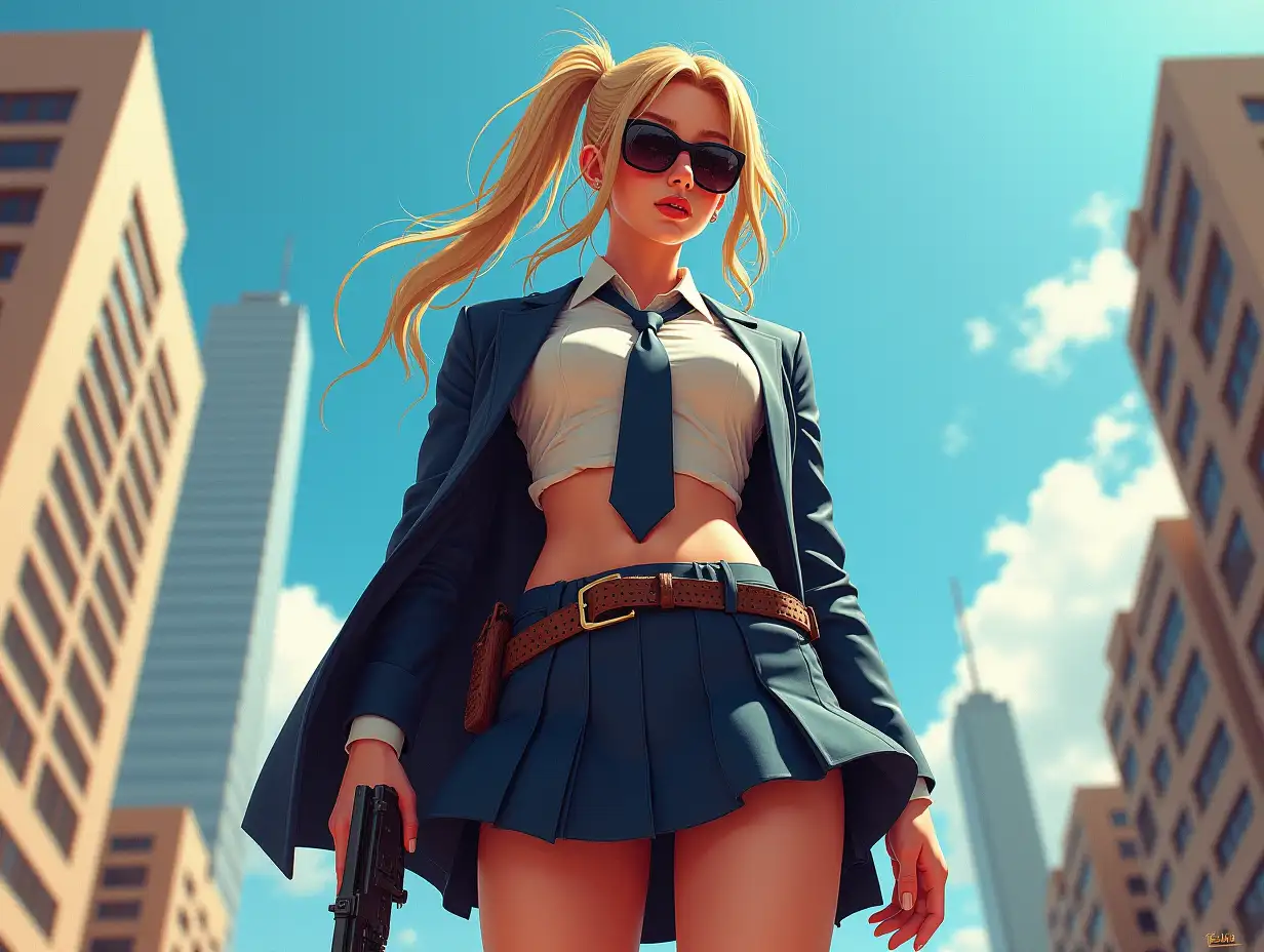 Wide-angle digital painting, (Beautiful woman in stylish school uniform, midriff showing, short skirt, and sunglasses: 1.3), Triangular composition, Dynamic full-length pose, Confident expression, (Armed mercenary: 1.3), Gun grip, Supporting pose, City background, Skyscrapers in the distance, (Bright sunlight: 1.2), Sharp contrasts, Bold colors, Clear details. female mercenary in cool cyberpunk style in colorful fantasy style, realism, post-apocalyptic landscape, cartel, bald rod, oil painting, rod Nostalgia, strong emotions, low angle, high detail, sharp focus