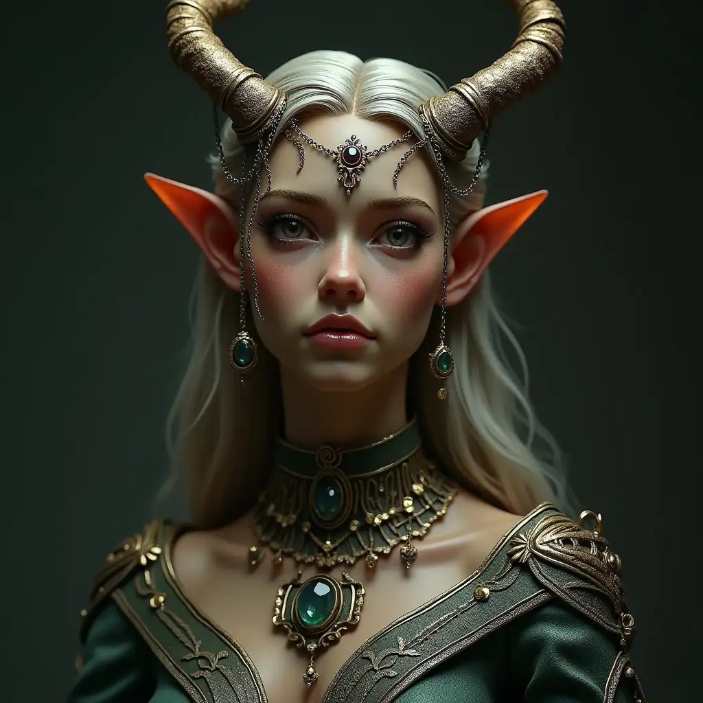 Elven-Fairy-Woman-with-Antlers-Decorated-with-Chains-and-Jewels-in-Stone-Bust