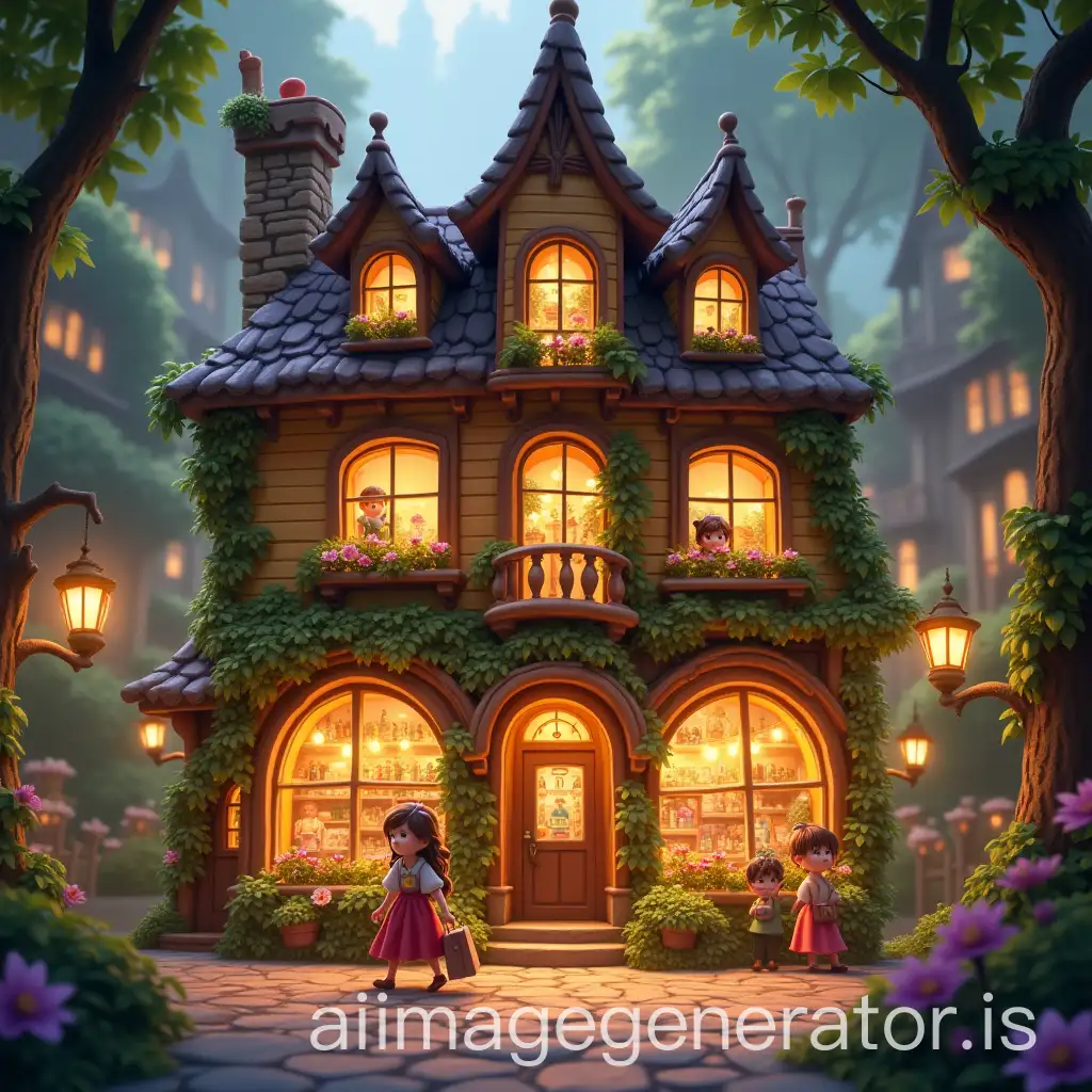 A grand, enchanted boutique standing in the heart of a whimsical fairy town. The store glows softly with warm golden lights, and tiny characters excitedly carry Lilylands shopping bags. The atmosphere is lively, magical, and inviting, encouraging viewers to explore the brand.