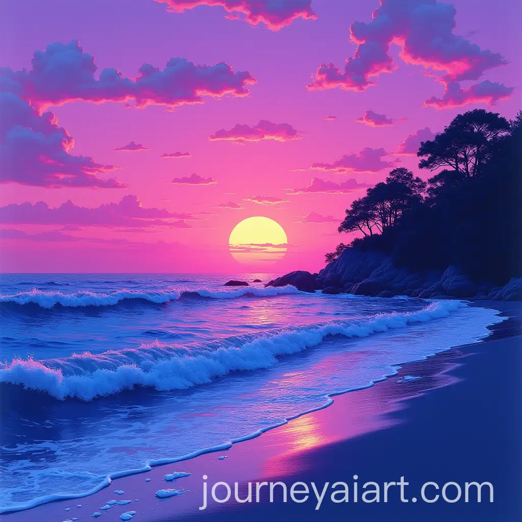 Vaporwave-Sunset-Over-Ocean-with-Silhouettes-of-Trees