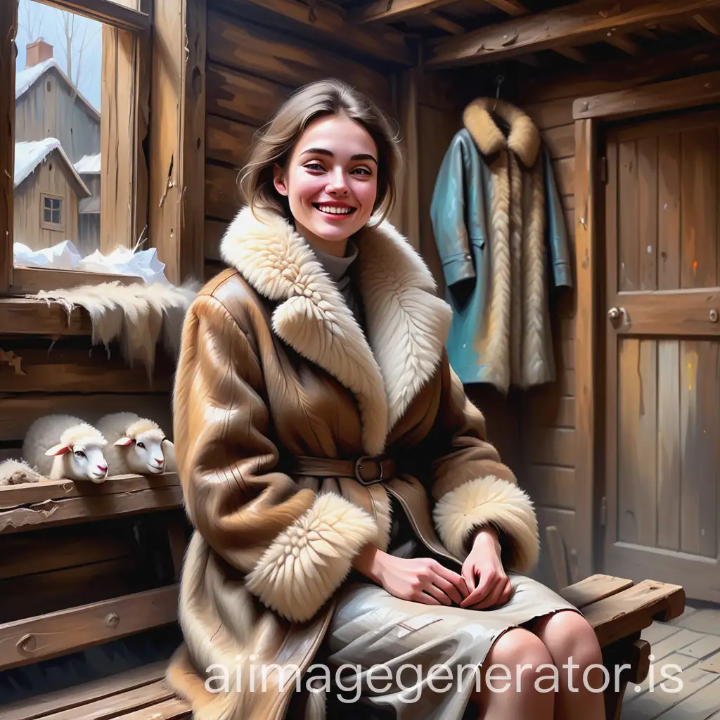 The painting is painted in the style of Impressionism, a woman sits on a wooden bench in a poor wooden room in a poor torn and badly worn sheepskin coat and dreams looking up, and in the background transparent blurred images show her dreams in which she tries on a new sable fur coat with a sable collar, the woman smiles happily dreamily, full compliance with the style of Impressionism