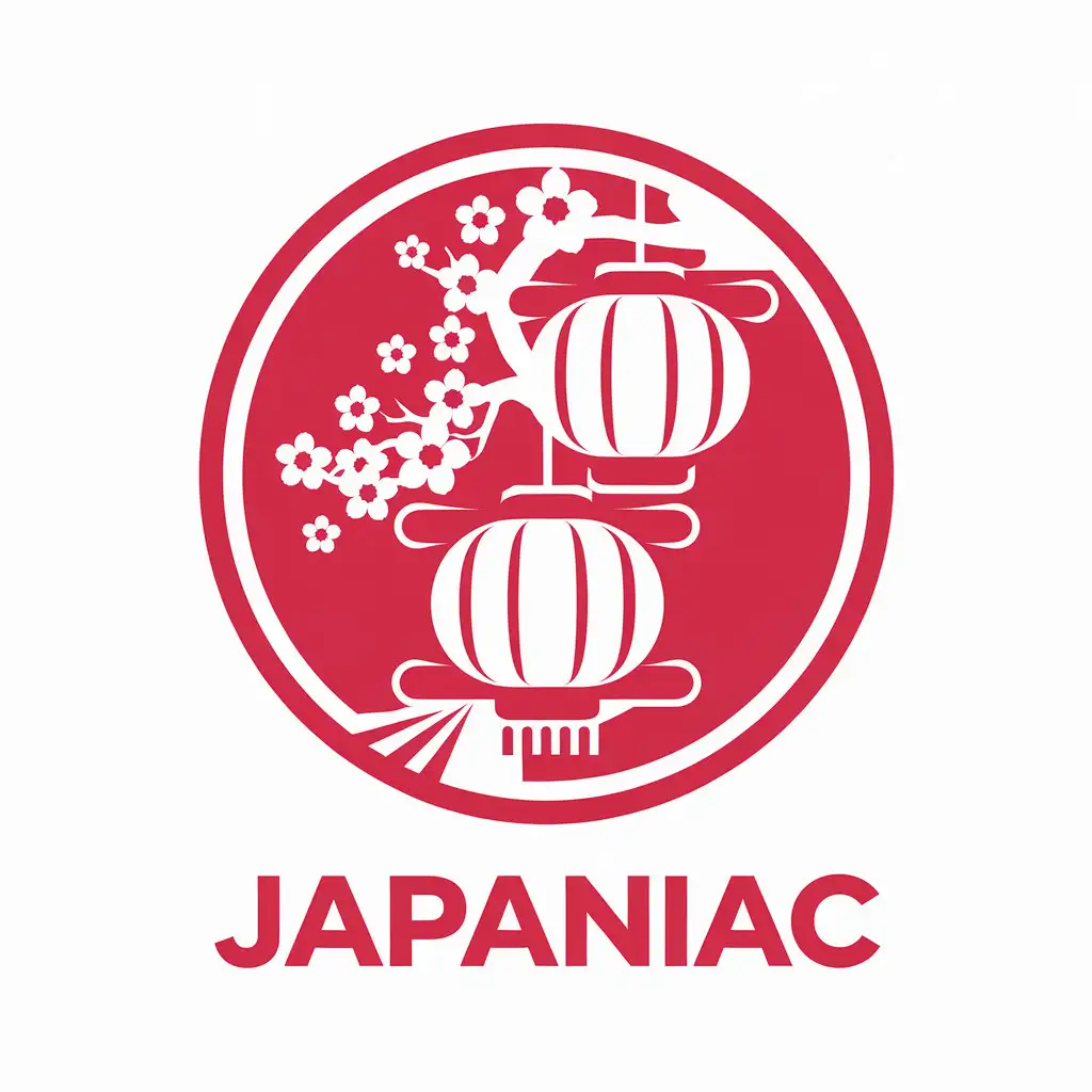 a vector logo design,with the text "Japaniac", main symbol:Combine traditional Japanese lanterns and sakura tree into a creative icon. Bright red and white colored design, styled,Moderate,be used in Travel industry,clear background