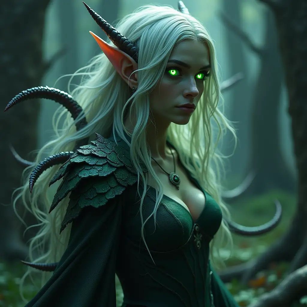 Imagine an Elven lady who has merged with monsters through mystical powers. Her skin shimmers in eerie colors, as if reflecting light from another dimension. Her eyes glow not only green but also in different colors depending on her mood and energy.nHer hair, once silver and flowing, has turned into long, dark tentacles that hover around her like living shadows. Her arms are covered with a scale-like armor reminiscent of dragon skin, and her fingers end in long, sharp claws.
