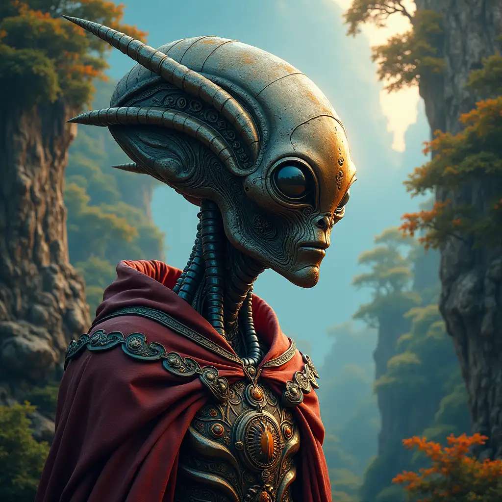 A hyperrealistic portrait of a 10 meter tall gpanzered metal alien king with intricately detailed, colorful forested planet background