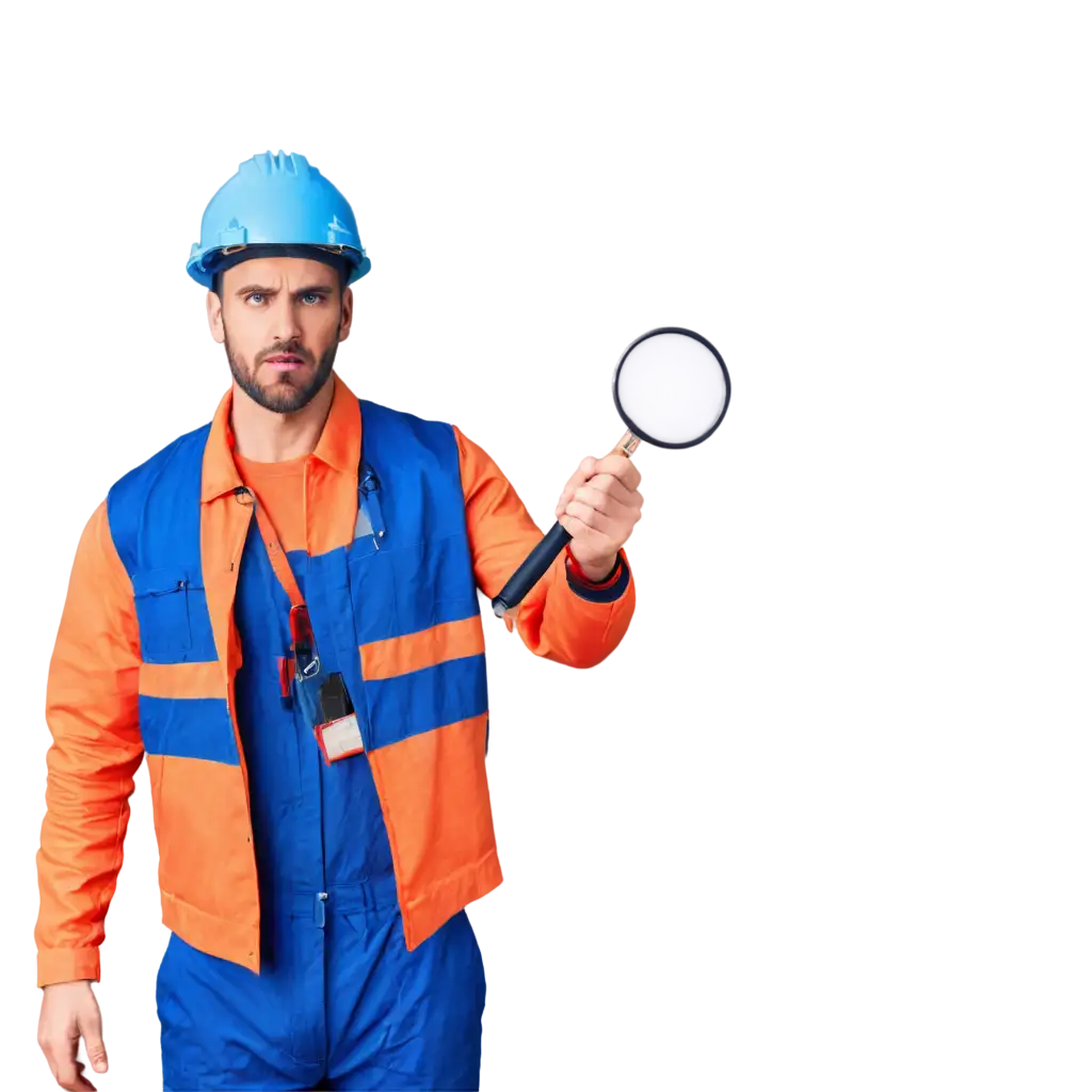 A man in the foreground, dressed in a bright blue construction suit, safety helmet and reflective vest, holding a giant magnifying glass that takes up most of the image. The magnifying glass is so close to the screen that it looks as if it is about to pop out of the screen, creating an illusion of extreme depth. The man has an expression of intense concentration, and his eyes, enlarged by the magnifying glass, seem focused on a tiny but crucial detail. The background is a site of light construction and scattered materials, but everything looks small and distant compared to the exaggeratedly large magnifying glass. The lighting is natural, with an elegant room, and there is a shadow effect that reinforces the sense that the magnifying glass is protruding from the screen.