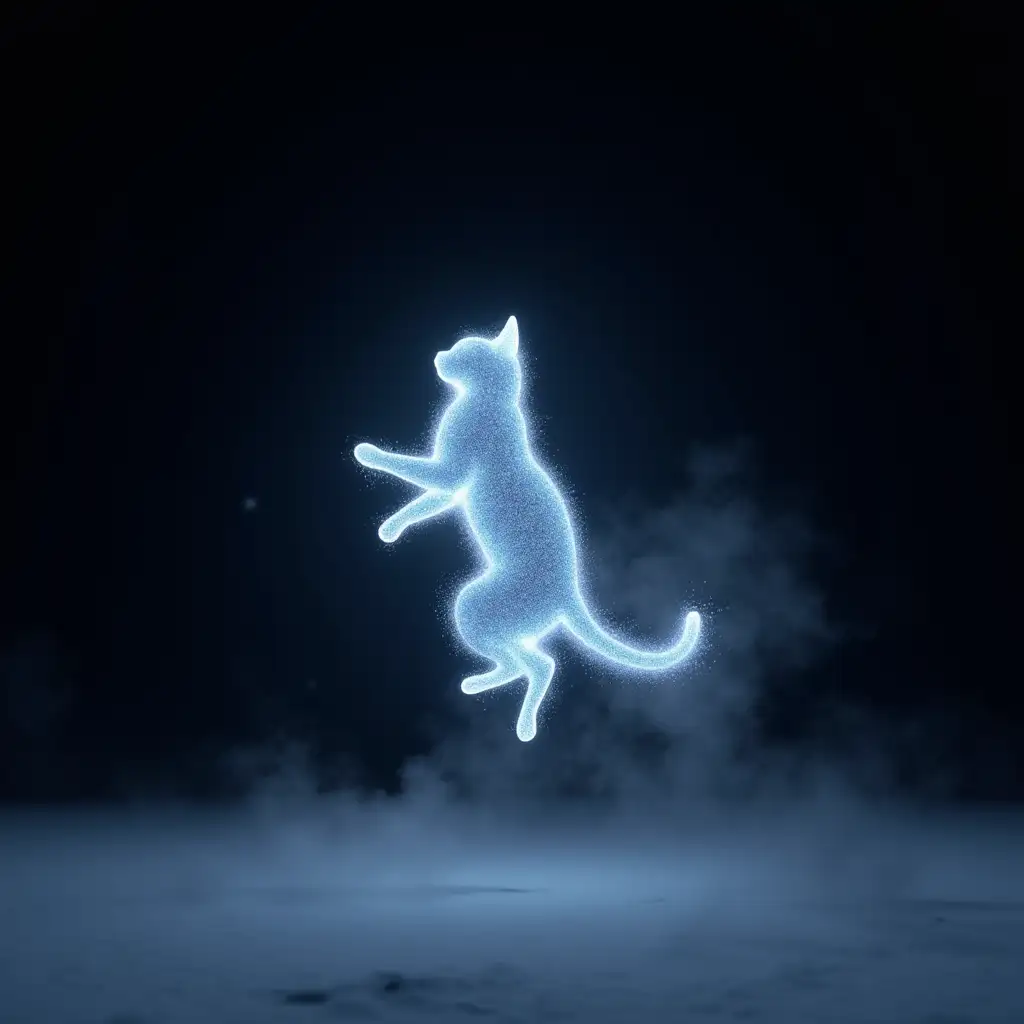 A cat made of glowing particles floating in space on a deep black background. The cat floats above. Snow is everywhere on the ground and fog is floating around. Chinese art in minimalist style. Glowing particles effect. Black background. Surrealism. Volumetric light. Blue-violet tones. C4D Render. Highly detailed, high resolution