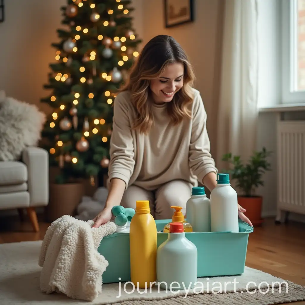 Happy-Woman-Cleaning-House-with-Christmas-Tree-and-Detergents-on-Floor
