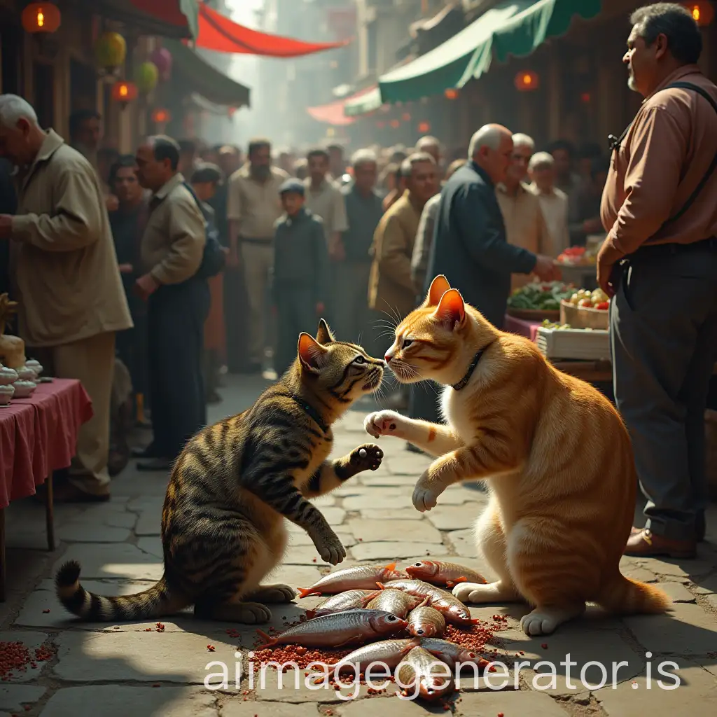 crowded medival market. Two cats are fighting over a fish