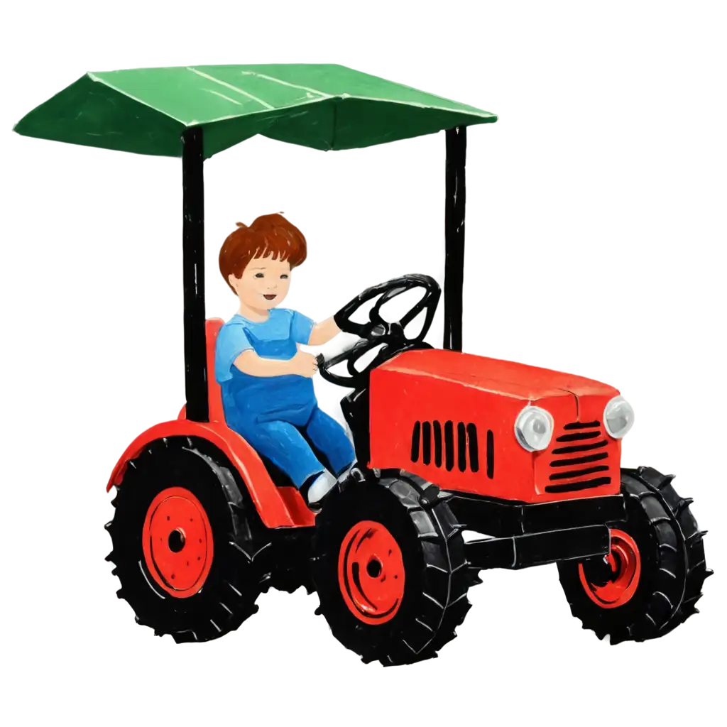 image in child's drawing style of a toy tractor that has a bucket and cabin for the driver