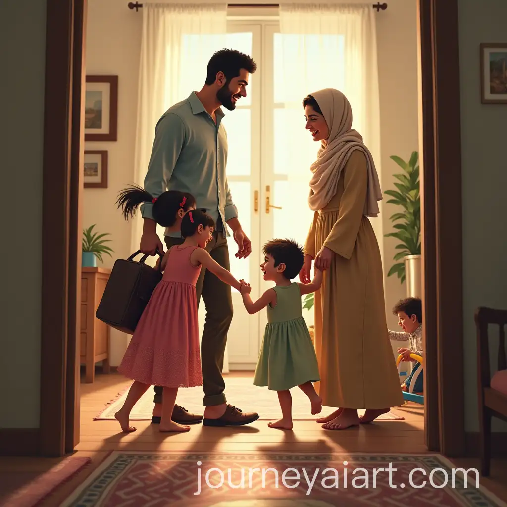 Joyful-Iranian-Family-Welcoming-Father-Home-in-Modern-Persian-Apartment