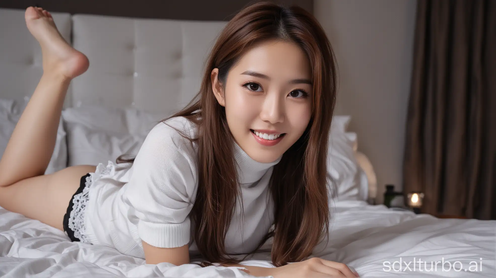 Chinese-Woman-in-Winter-Night-Outfit-with-Sweet-Smile-on-Bed