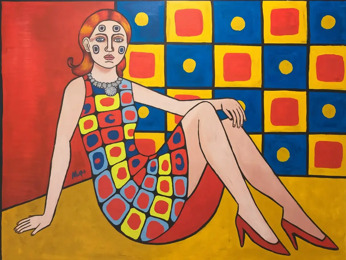 create an oil painting, based on artists like Piet Mondrian and Yayoi Kusama. cubism, conceptualism, woman and abstraction, feminism, plastic surgery, hairy legs