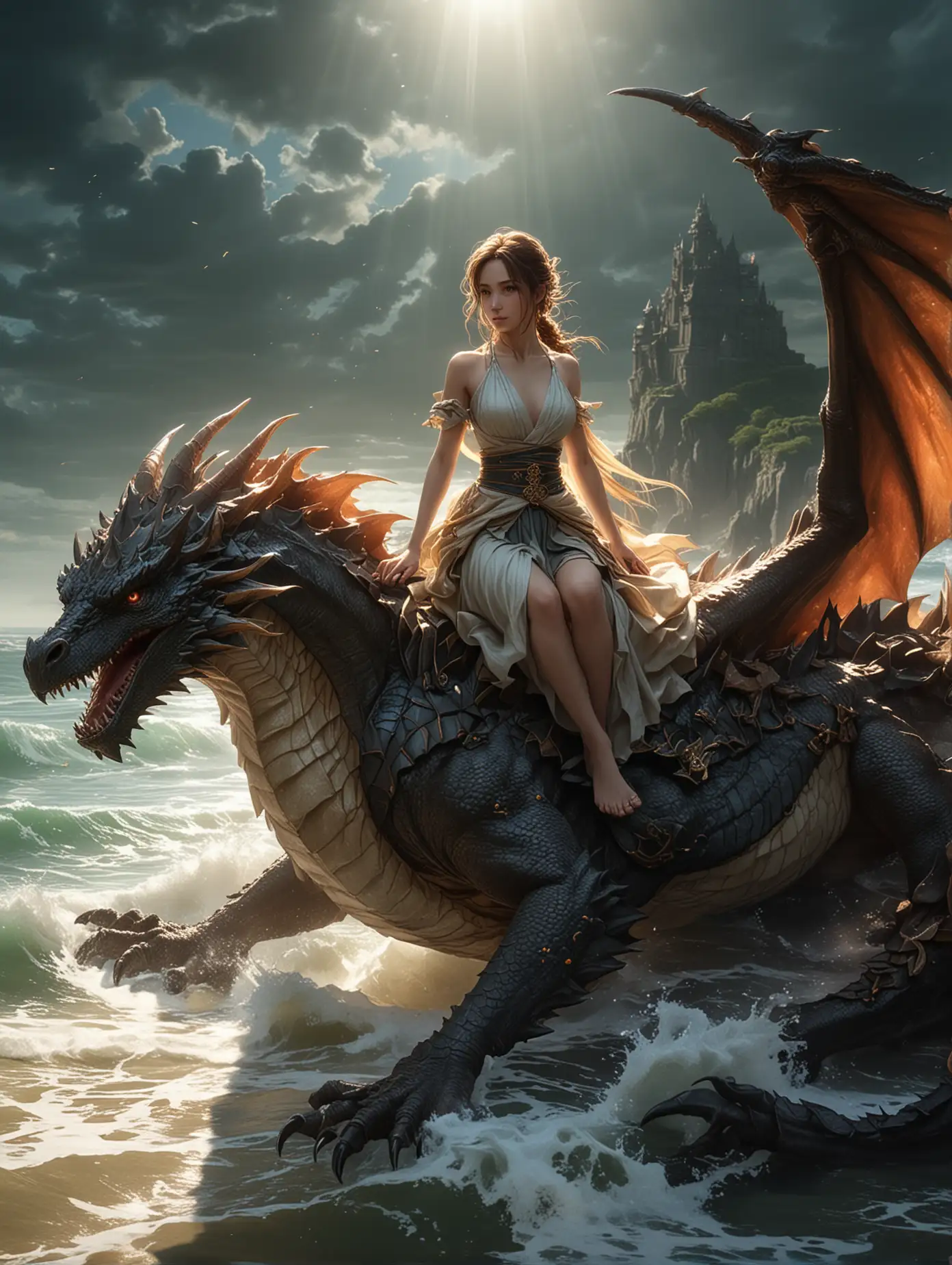 In this fantasy art-style painting, he sits relaxed on a giant dragon, as if harnessing the gentle power of the ocean. The image is presented in the form of a full-body portrait, and every detail is meticulously rendered, from the hair to the hem of the skirt, displaying the utmost refinement and authenticity. In terms of light and shadow treatment, sunlight shines directly down at a 45 degree angle, in sharp contrast with the surrounding shadows, creating a bright yet mysterious atmosphere. The overall style combines the greatness of CG games and the charm of three-dimensional ancient style, which is both modern and classic beauty. The resolution is as high as 32K, ensuring the highest clarity and detail in the image, allowing viewers to immerse themselves in the fantasy work full of anime beauty and feel the dream and beauty that transcends reality.