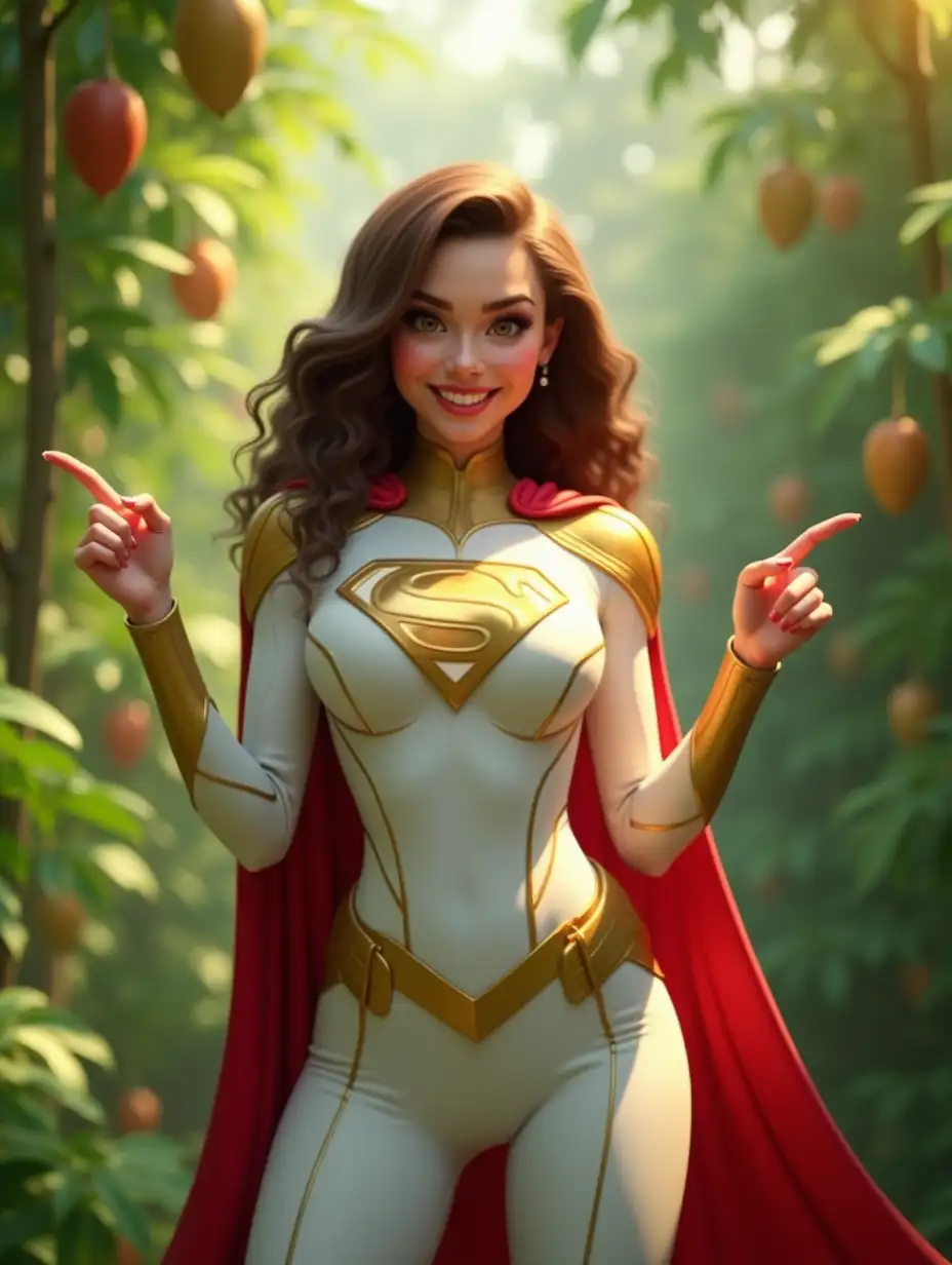 A stunningly beautiful adult woman with voluminous wavy hair, bright expressive eyes, and a confident smile. She wears a sleek, form-fitting superhero suit in white with gold accents, a red cape flowing behind her, and a bold 'S' emblem on her chest. Her suit has a high-tech, textured fabric appearance. She is standing in a lush green jungle filled with tamarind trees, surrounded by hanging fruit, with soft sunlight filtering through the leaves. Her pose is dynamic, with one hand pointing excitedly and the other resting on her hip, radiating energy and charm. The image is rendered in ultra-realistic 3D with high detail, 4K resolution, realistic skin textures, and lifelike lighting, creating a cinematic, vibrant scene.