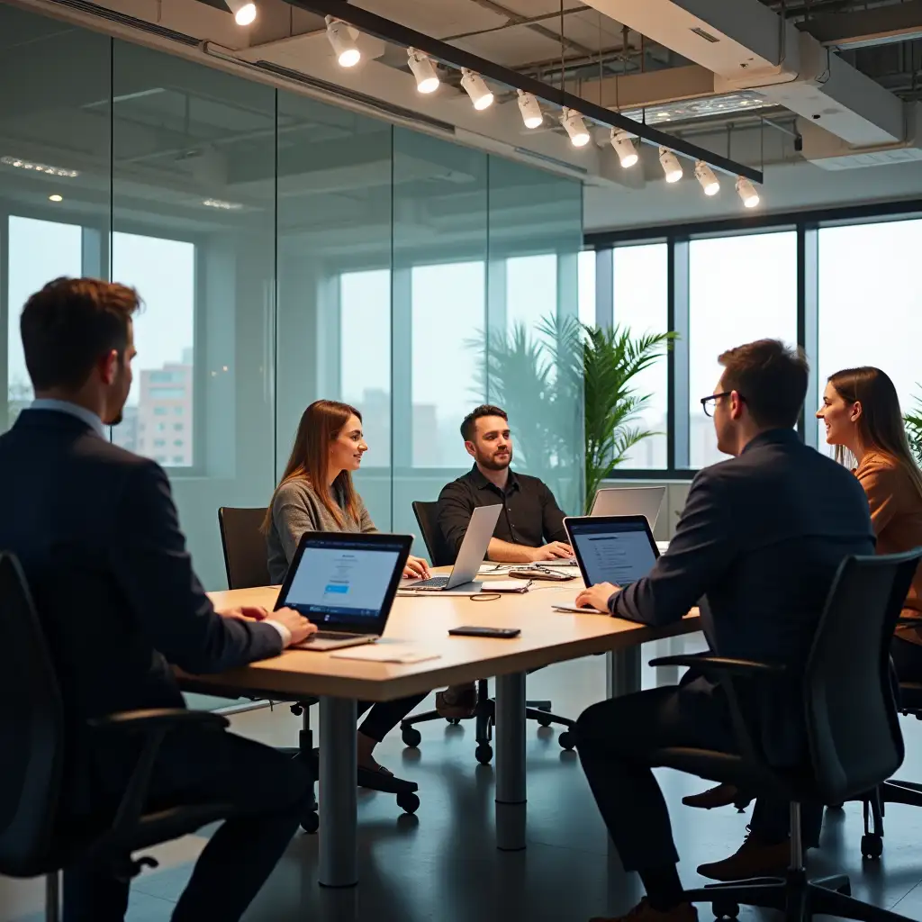 a business room with people around a desk