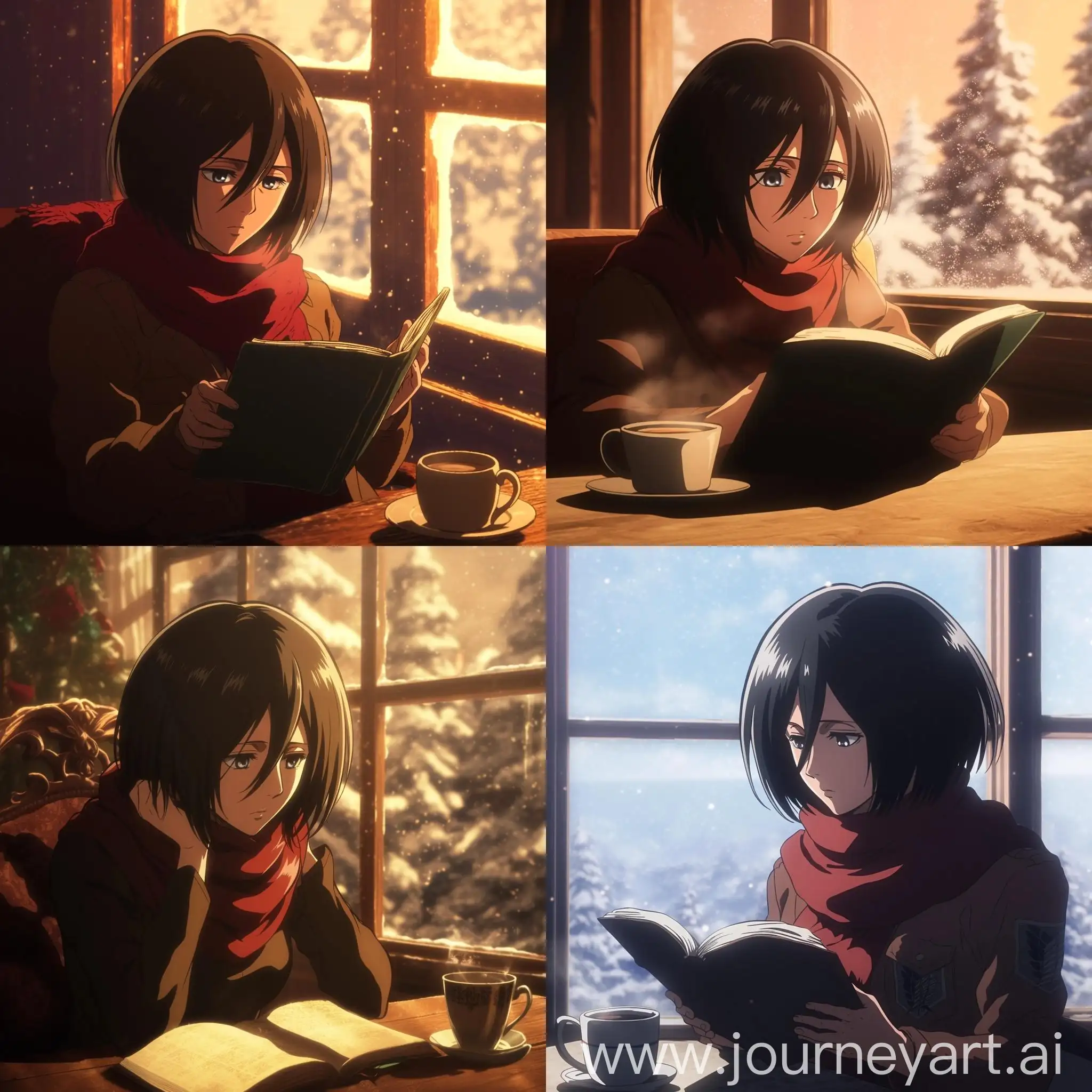 Mikasa-Ackerman-Cozy-Winter-Scene-with-Book-and-Coffee-in-Snowy-Setting