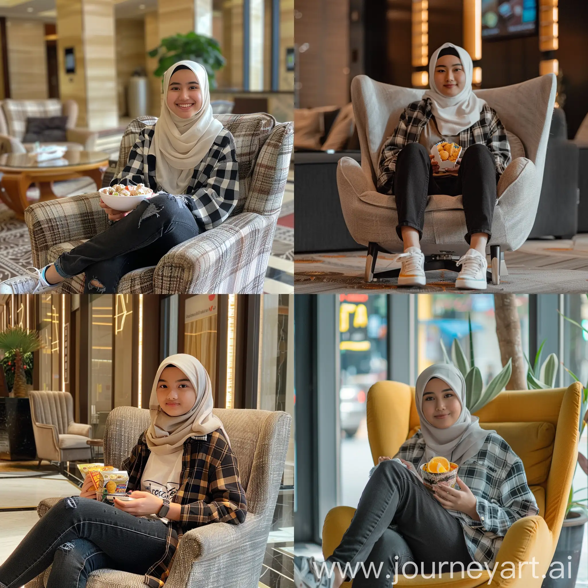 Asian-Teenage-Girl-in-Square-Hijab-Sitting-with-Snacks-in-Lobby