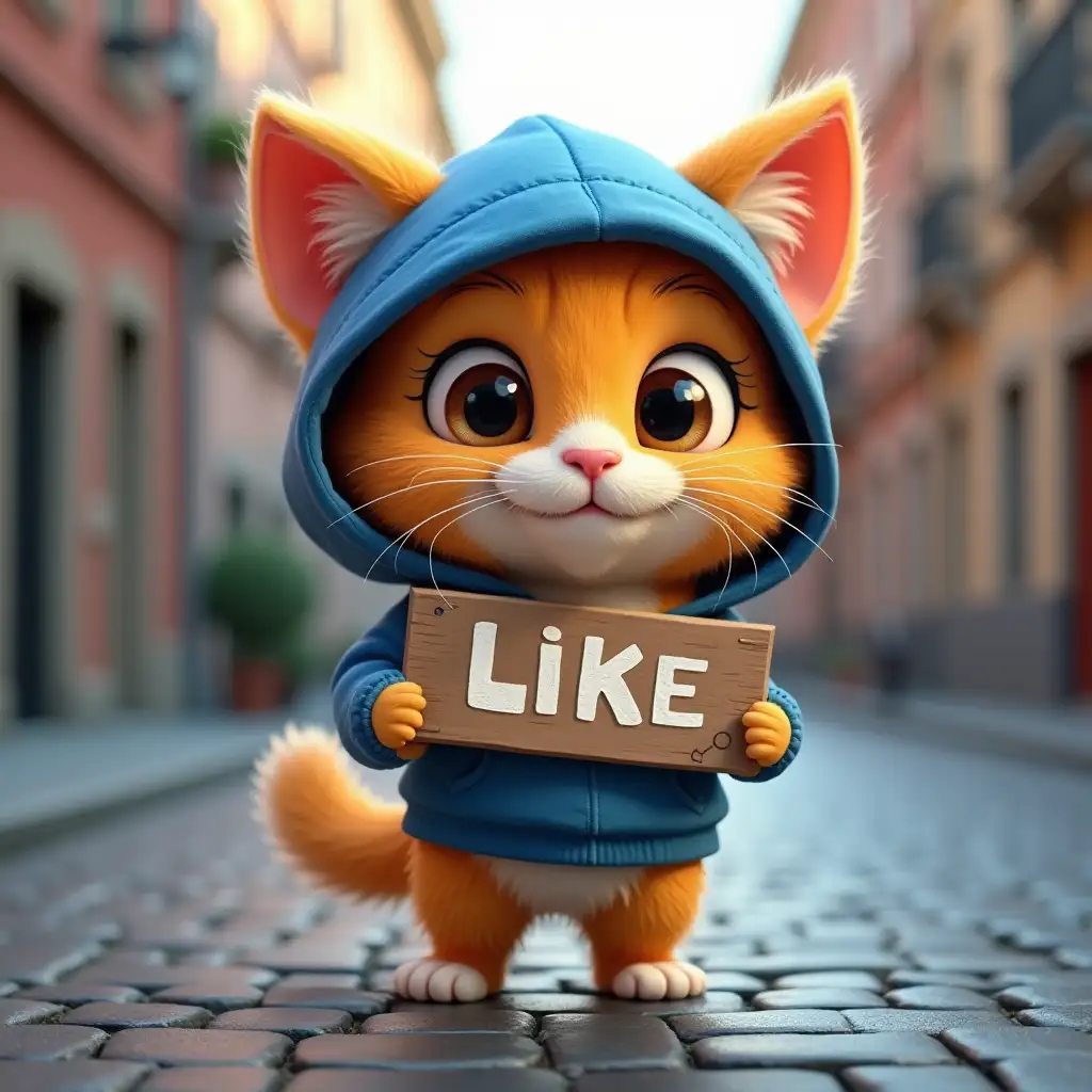 A cartoonish orange cat wearing a blue hoodie and a blue hat, holding a sign that says LIKE. The cat has large, expressive eyes and a cute facial expression, standing on a cobblestone street with a blurred urban background