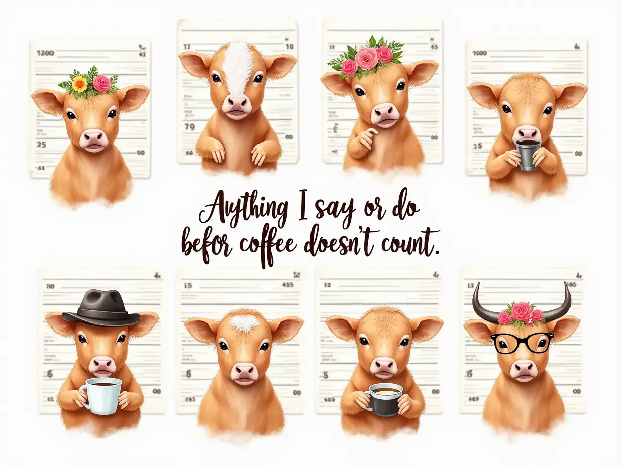 Vector. eight adorable Highland cattle calves in mugshots, featuring the word 'Anything I Say Or Do Before Coffee Doesn't Count' in bold, centered eight adorable Highland. The calves are wearing different accessories, such as flowers, hats, and glasses, coffee in hand. The background is a wall used to take pictures of criminals. Watercolor