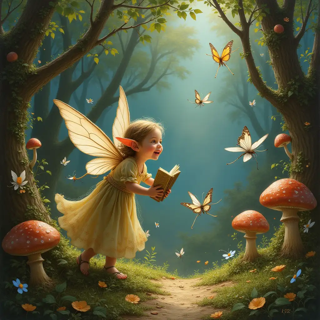In a magical gallery, where dreams and art intertwined, a series of enchanting fairy-tale paintings came to life. Each canvas, nestled in gilded frames, whispered tales of whimsy and wonder. The delicate elves, with their iridescent wings, sprang from the pages, stretching their slender limbs and laughter echoing like tinkling bells. Elven children, robed in hues of moonlight, leaped from mushrooms to chase fluttering butterflies and dragonflies, whose wings shimmered like liquid silver.